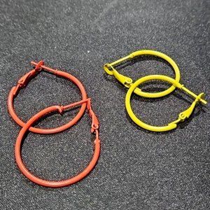 2 Pairs Tangerine & Yellow Brand NEW Large Colorful Hoop Hinged Earrings Set
